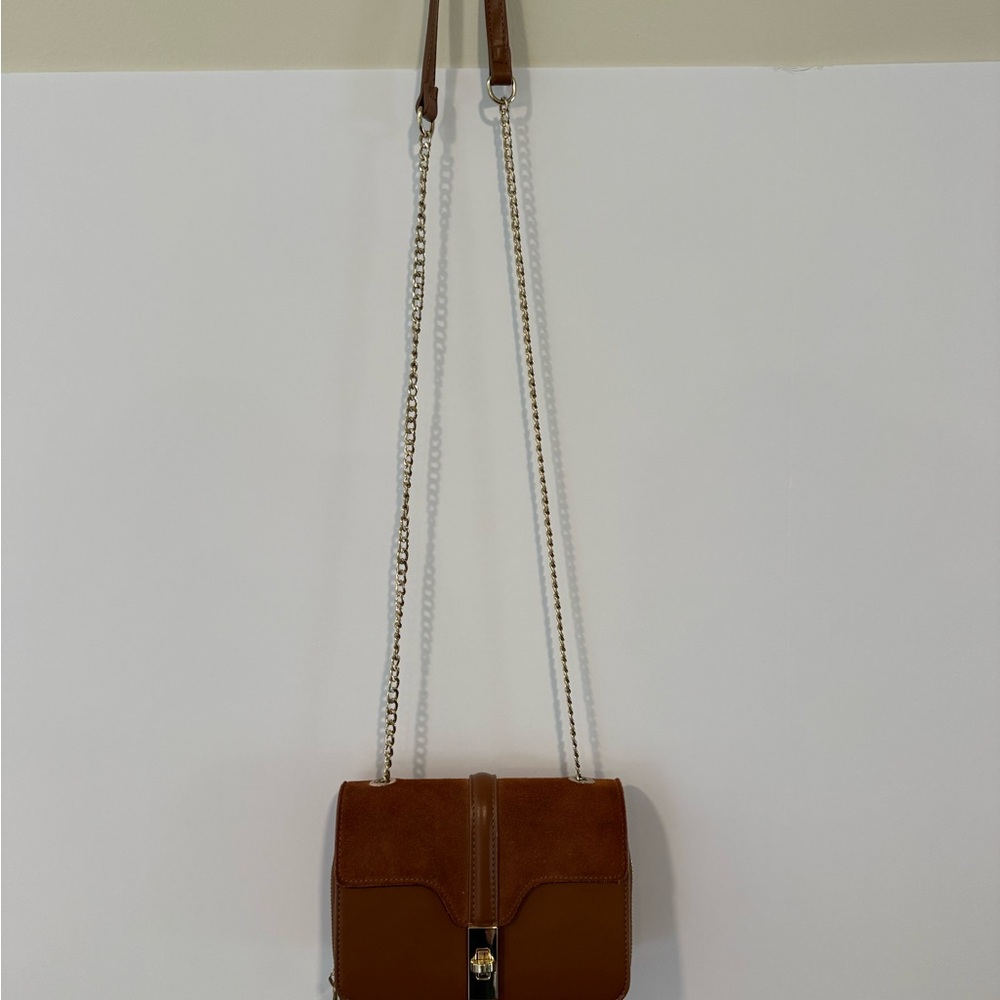 Brown Leather Crossbody Bag with Gold Chain Strap